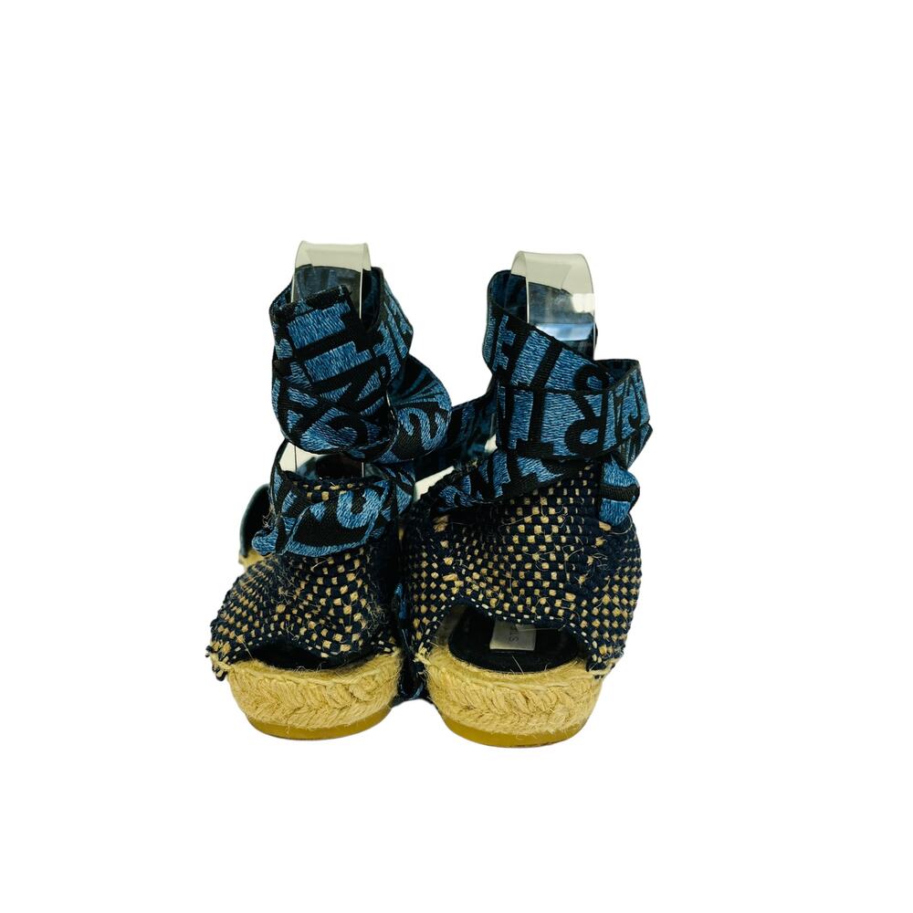 STELLA MCCARTNEY Blue Denim Gaia Canvas Lace Up Ankle Tie Espadrilles Flats 37 - Picture 7 of 8
